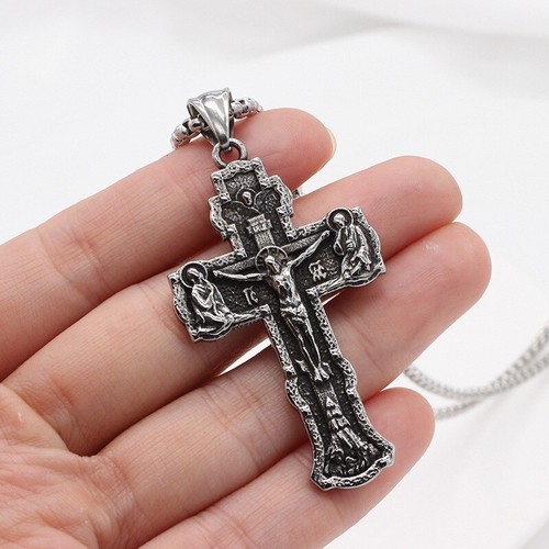 Mens Russian Orthodox Crucifix Cross Stainless Steel Pendant Necklace - Picture 2 of 7
