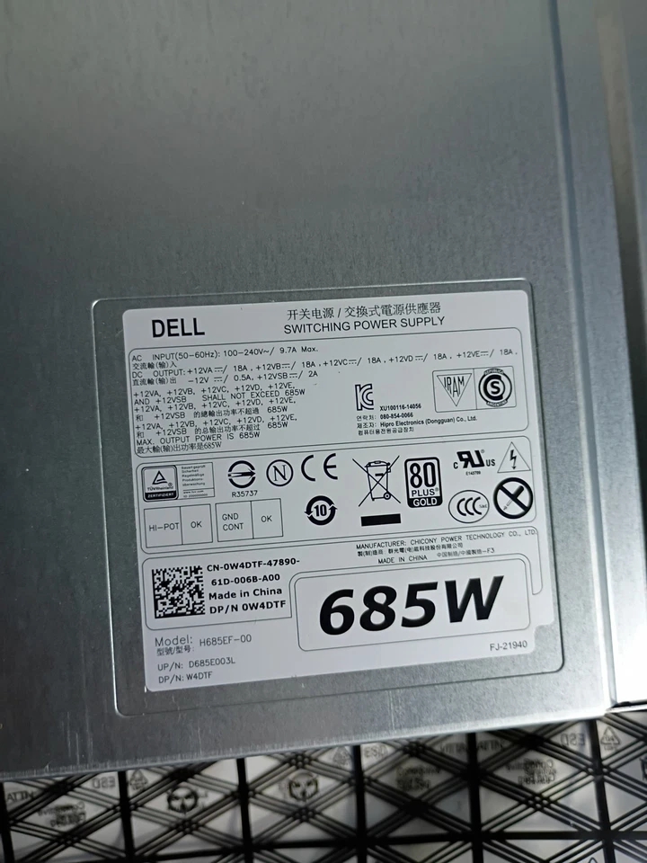 Dell H685EF-00 685W 80+ Gold Power Supply 0W4DTF for Precision T5810 T7810 - Image 3 of 4