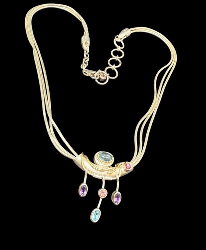 Artisan Sterling Silver Multi Gemstone Three Strand Necklace Mid Century Modern - Picture 5 of 8