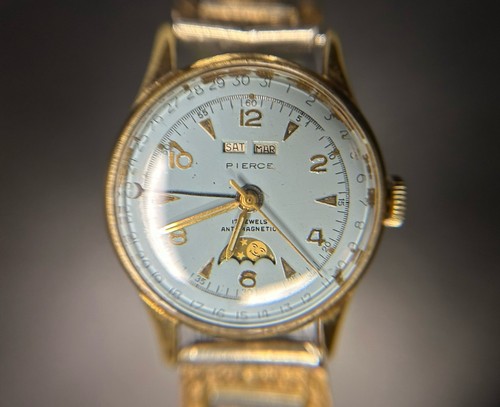Vintage PIERCE Moon Phase Triple Calendar Watch Sterling Silver Strap Working 32