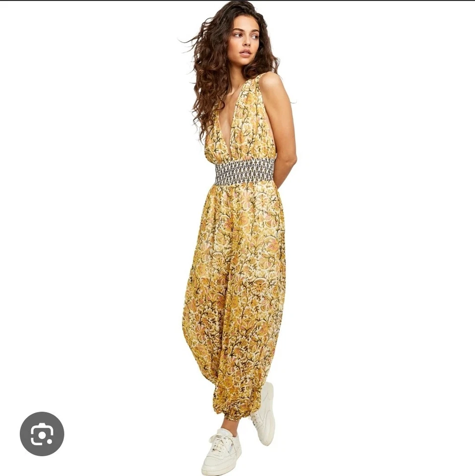 Free People Maria’s Yellow Floral Chiffon Halter Jumpsuit XS Stretch Boho Floral - Image 2 of 4