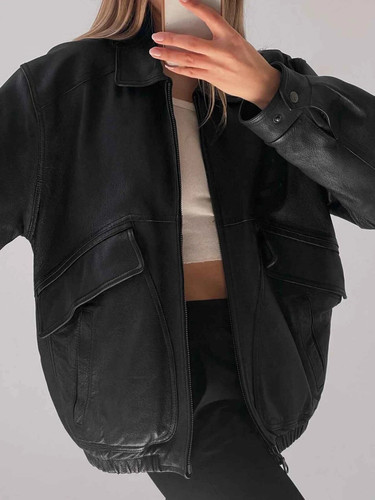 Wome's 90s Vintage Oversized Black Leather Handmade Bomber Jacket Flight Coat - Picture 6 of 6