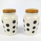 ANCHOR HOCKING Fire King Black Dot Salt Pepper Shakers Milk Glass Vintage MCM