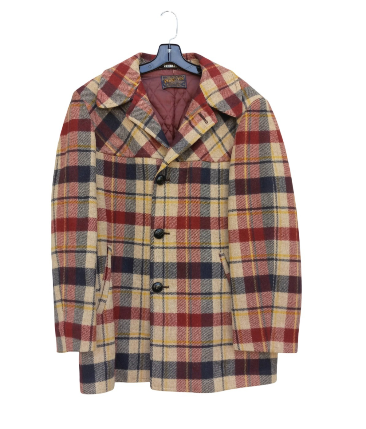 Vintage Pendleton Wool Quilt Lined Coat Red Beige Black Plaid Men’s Size L #201