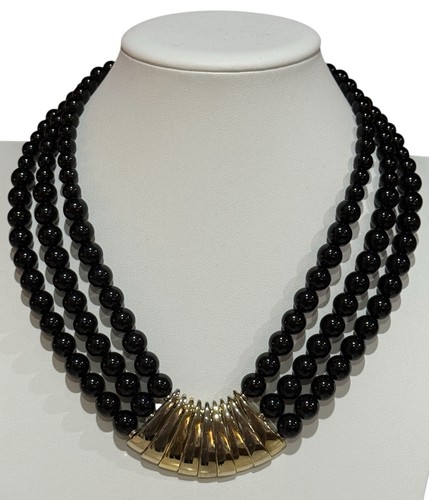 Vtg 3-Strand Black Glass Bead/Pearl Necklace Goldtone Metal Enhancer/Clasp 24” - Picture 7 of 10