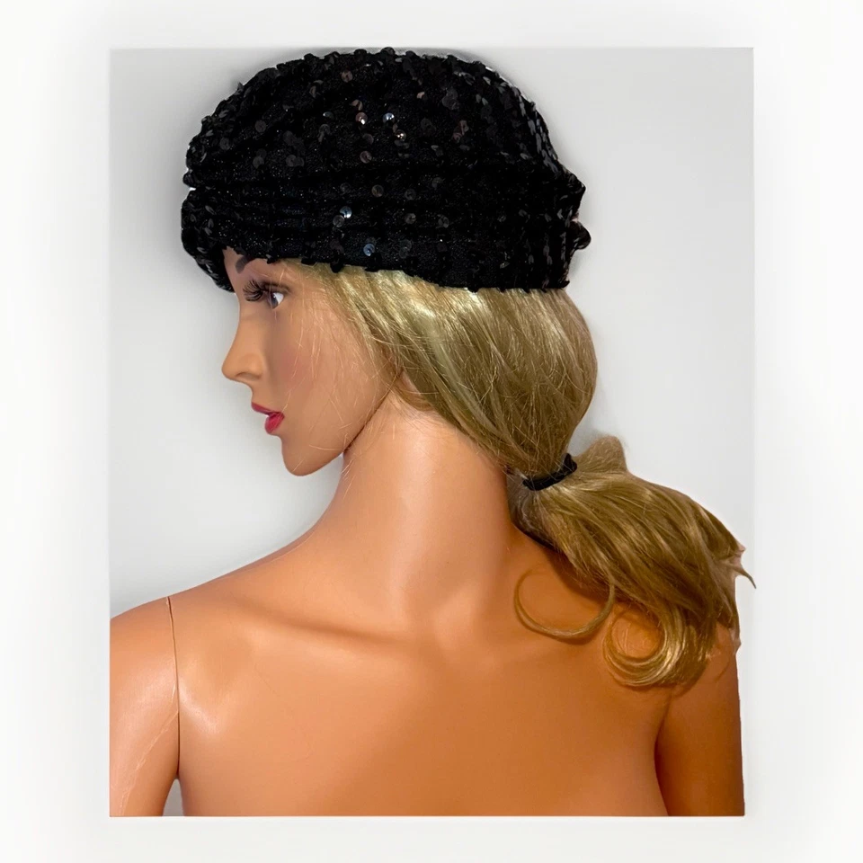 Sombrero Pastillero Turbante Lentejuelas Negro Años 50 De Colección Frente Acanalado Cóctel Noche Foto 4 de 4