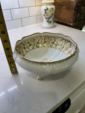 Vintage Nippon Hand Painted Gold Raised Floral Design Footed 8 in Bowl