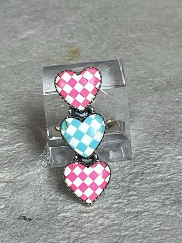 Sterling Silber rosa Türkis kariert 3 Herzen Ring Inlay Indianer Südwesten - Bild 4 von 13