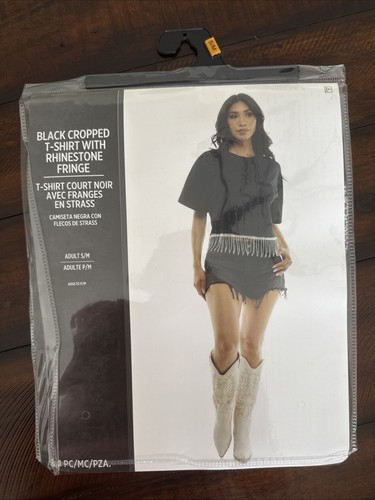 Costume, Female, Black Cropped T-Shirt w/ Rhinestone Fringe, Adult S/M , NIP - Picture 1 of 2