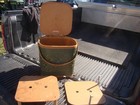Vintage Hawkeye Burlington Woven Picnic Basket Green w/ 2 Trays & Wood Handles