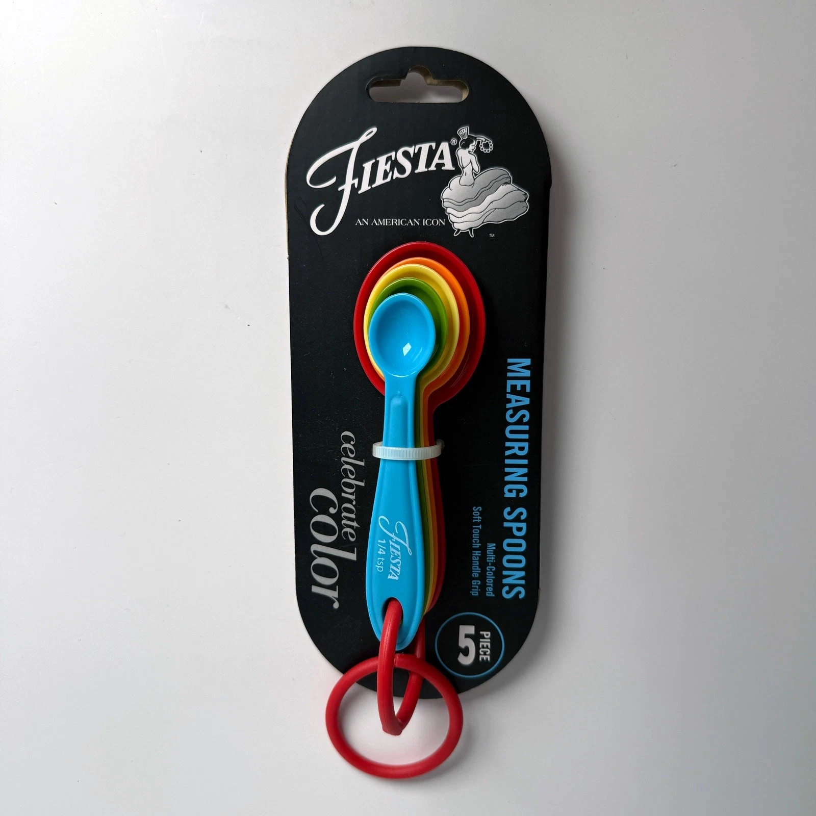 Fiesta Measuring Spoons Multi Color Plastic Soft Touch Handle Grip 5 Piece Set