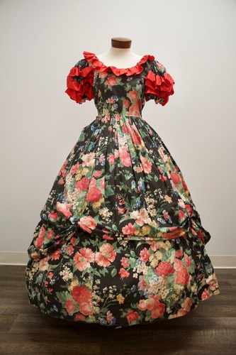 Vintage Southern Belle Reifrock Kleid schwarz Blumen Baumwollkleid roter Rand Medium