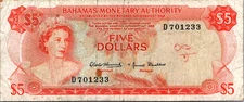Bahamas 5 Dollars 1968 F-VF Pick-29A