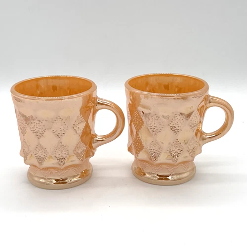 Set of 2 Vintage Anchor Hocking Fire King Peach Luster Kimberly Diamond Mugs