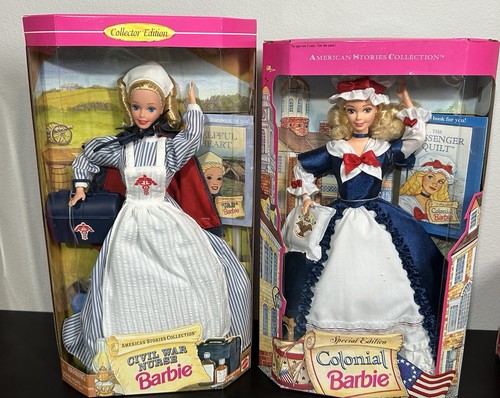 6 PC. AMERICAN STORIES BARBIE DOLL SET COLONIAL PATRIOT PIONEER ++ MATTEL NRFB - Imagen 3 de 10