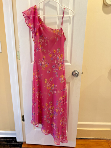 VINTAGE Laundry Shelli Segal Pink Floral Asymmetrical Chiffon Embellished Dress