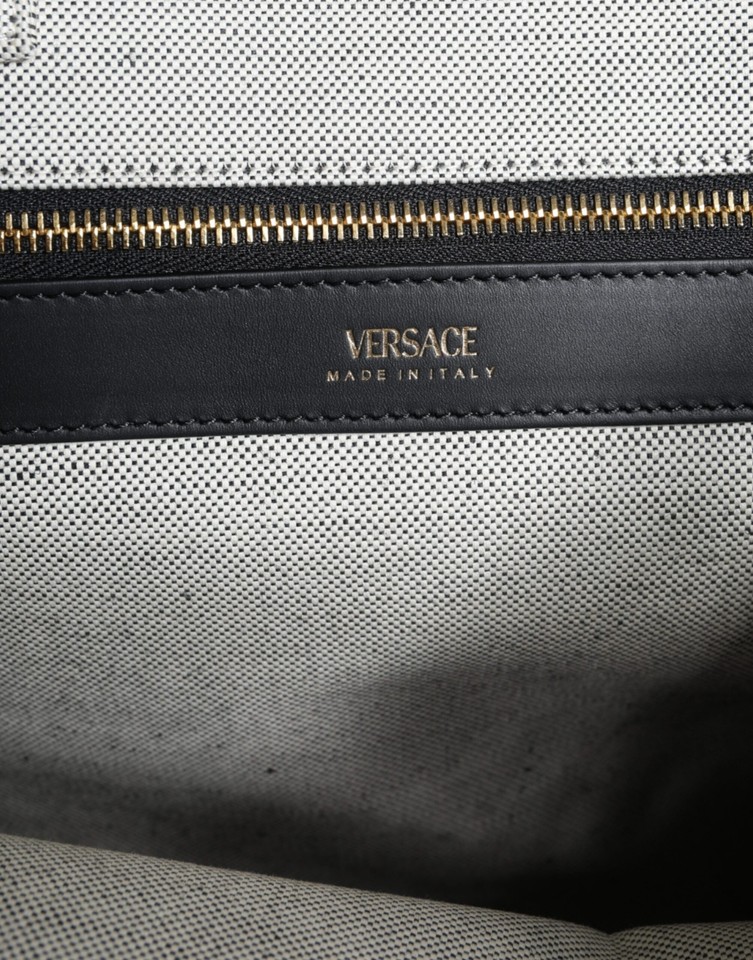 Versace White Top Handle Canvas Leather Logo Crossbody Tote Women's Bag