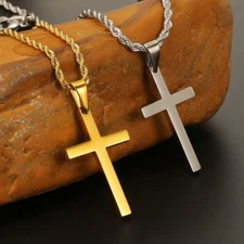 Men Stainless Steel Cross Pendant Necklace Hip Hop Rope Chain Silver Gold N16