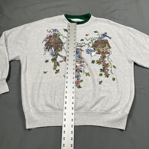 Vintage 90s Bird Garden Double Collar Sweatshirt Larger Grey Granny Acrylic VTG - Picture 6 of 8