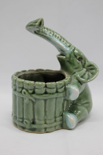 Vtg Green Elephant Ceramic Bamboo Planter Pot Trunk Up Raised for Good Luck 4.8" - Picture 4 of 13