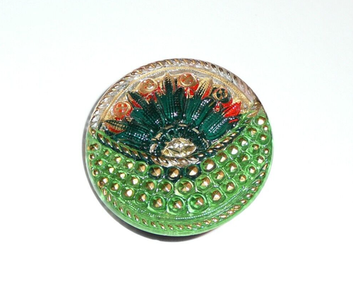 Schöner floraler tschechischer Glasdraht Schleife Schaft Knopf 27 mm gold grün rot Knopf - Bild 8 von 8
