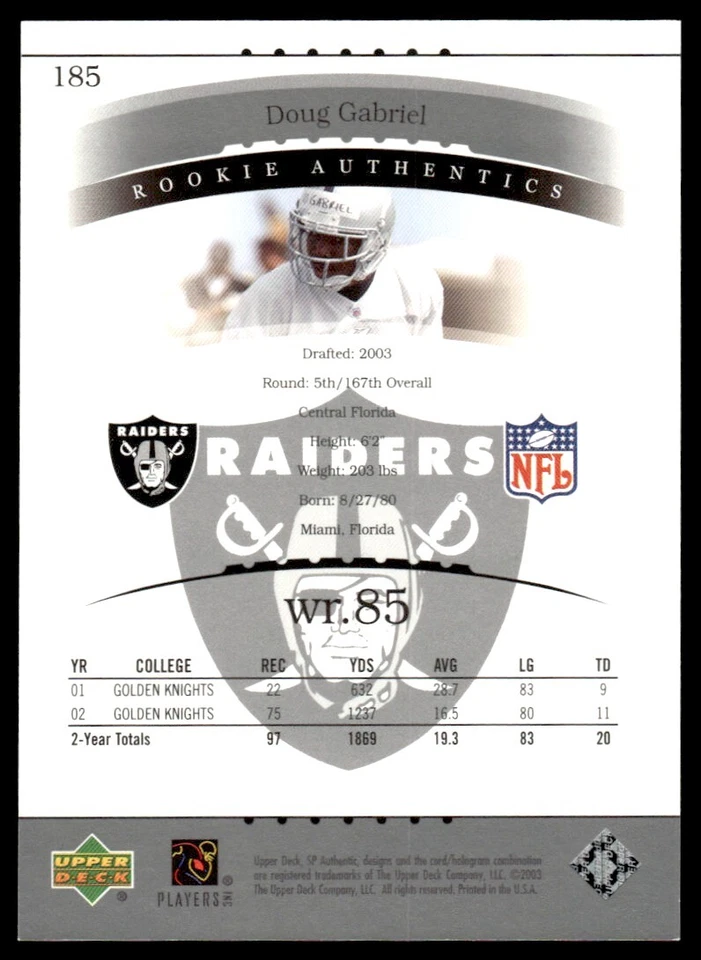 2003 SP Authentic Doug Gabriel Rookie 0286/1200 Oakland Raiders #185 R46 - Image 2 of 2