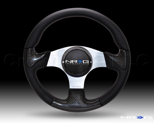 NRG Steering Wheel 14 Black Leather Carbon Fiber Silver Spoke 350 mm ST-014-CFSL