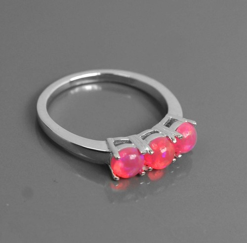 925 Sterling Silver 5 MM Natural Ethiopian Pink Opal Gemstone Three Stone Ring - Picture 7 of 8