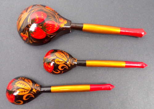 Juego de 3 cucharas de madera rusas Khokhloma art deco popular pintadas a mano - Imagen 3 de 6