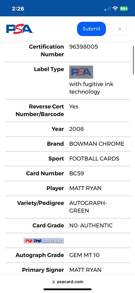 2008 BOWMAN CHROME GREEN REFRACTOR ROOKIE AUTO #59 MATT RYAN /150 PSA 10 POP 1! - Image 4 of 4