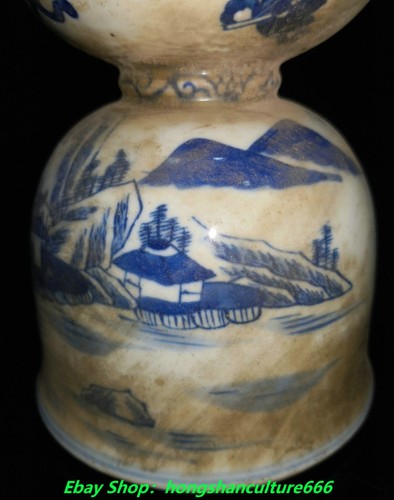 6" Chinese Dynasty Blue and white Porcelain landscape people candlestick Candle - Picture 5 of 9