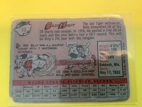 #13 BILLY HOEFT DETROIT TIGERS BASEBALL CARD - Picture 2 of 2
