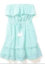 American Eagle Strapless dress green white ruffled XLARGE Elastic waist NWT