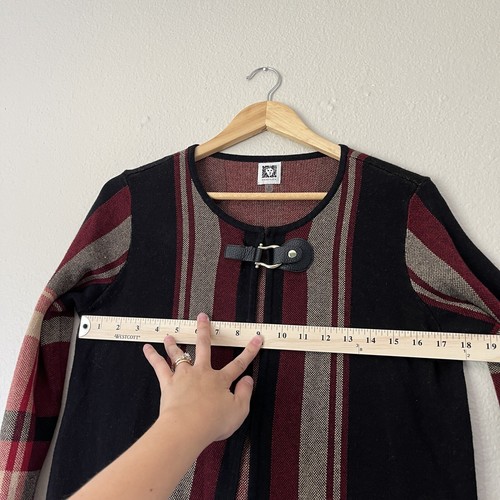 Anne Klein Women’s Medium Long Cardigan Buckle Closure Plaid Red Black Tan - Bild 8 von 9