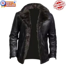 Mens Aviator Shearling Bomber Black Genuine Sheepskin Leather Jacket