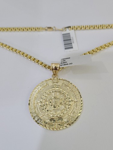 10k Gold Byzantine Necklace Mayan Calendar Charm 18-26 inches 3mm SET Chain - Picture 7 of 8