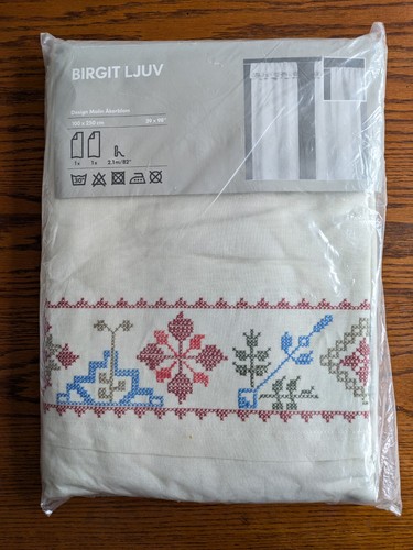NEW IKEA Birgit Ljuv 39" x 98" Curtain Panel Set Embroidered Flowers Linen - 第 1/4 張圖片