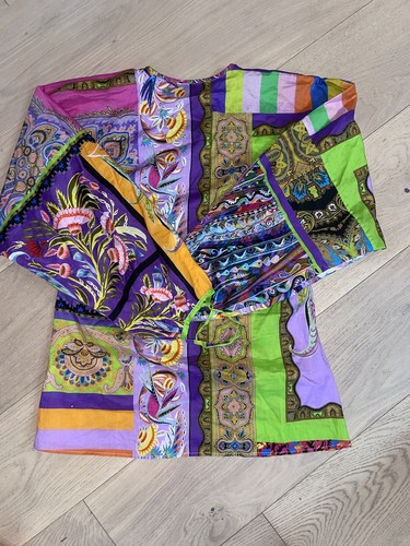 AUTÉNTICA BLUSA DE ALGODÓN ETRO MANGA GLOBO CON BOTONES ESTAMPADO BRILLANTE TALLA-46 - Imagen 3 de 15