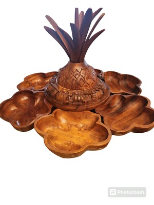 VTG 1-Tier Pineapple Hawaiian Hand Carved Monkey Pod Lazy Susan Serving Tray