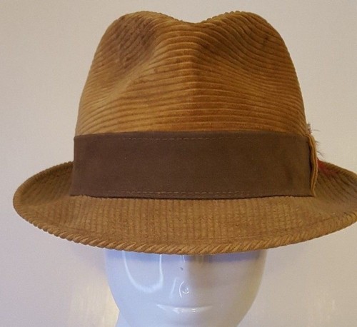 Vtg., Towncraft, Golden Brown, Corduroy w/Ultra-Suede & Feathers, Trilby (Med) - Picture 2 of 12
