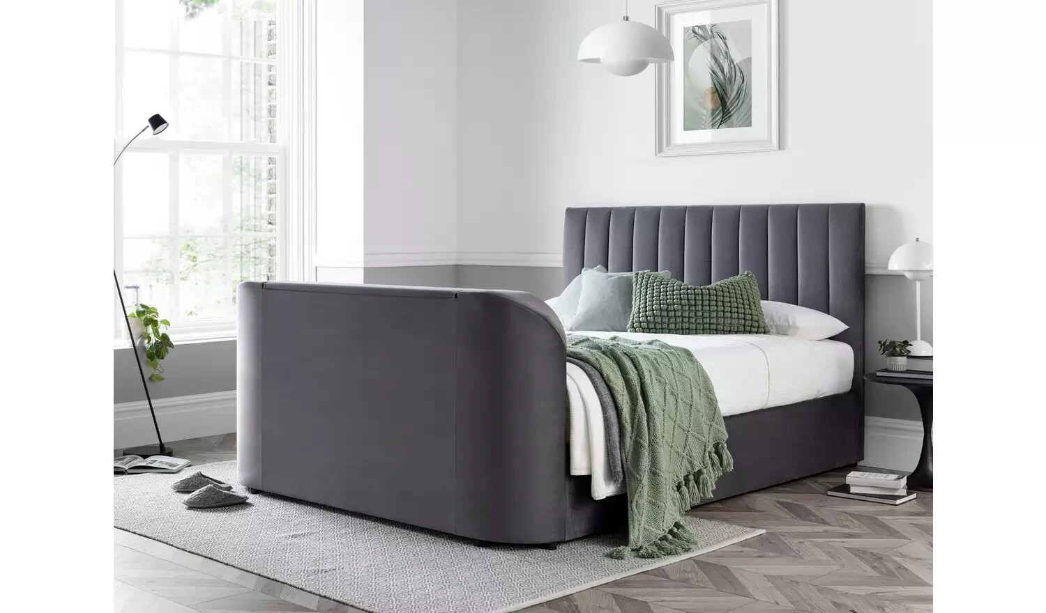 Super King TV Bed in Grey Velvet Ottoman TV Bed With Storage & 43" TV Capacity
