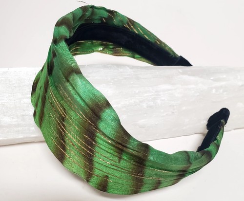 Lucy Notions Headband Wide Lime Green Brown Gold Silk Animal Print Gather Preppy - Picture 4 of 6