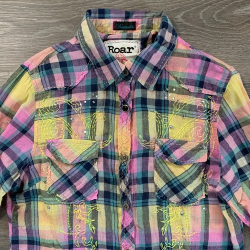 Roar Button Up Shirt Womens Medium Multicolor Embroidered Rhinestone 3/4 Sleeve - Picture 7 of 15