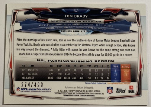 Tom Brady 2014 Topps Chrome #62 Camo Border Refractor SP 274/499 - Picture 2 of 2