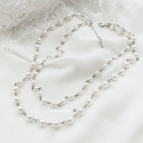 Collar de perlas blancas de doble capa hecho a mano boda joyería nupcial miadas de honor - Imagen 4 de 4