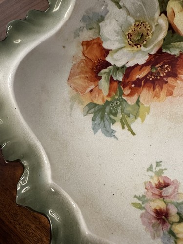 Beautiful Antique Footed Bowl W. P. Wheeling Pottery LaBelle China Green+Flowers - Picture 6 of 22
