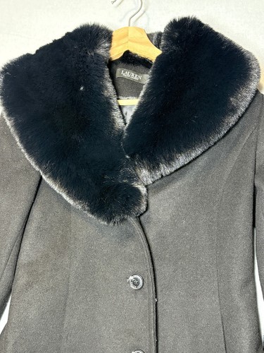 RALPH LAUREN BLACK LABEL Women's 2P Wool Blend Walker Coat Faux Fur Collar Black - Picture 3 of 8