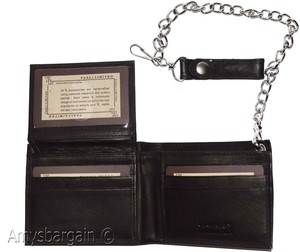 men-039-s-genuine-leather-bifold-chain-wallet-motorcycle-trucker-biker-Black-wallet