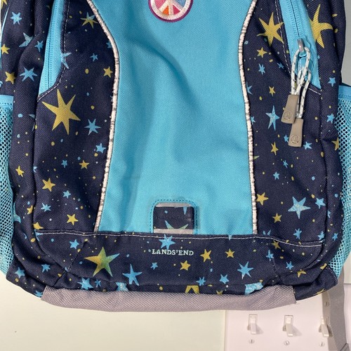 Lands End Girls Backpack Teal Aqua Navy with Stars Peace Sign EUC - Picture 2 of 14