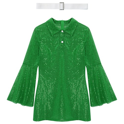 Damen Kleider Turndown Kleid Mit Gürtel Vintage Minikleid Dj Tanzkleid Glänzend - Bild 50 von 59